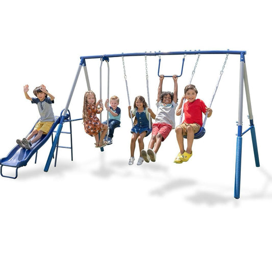 Swing Set Outdoor Heavy-Duty Metal Playset for Kids with Slide